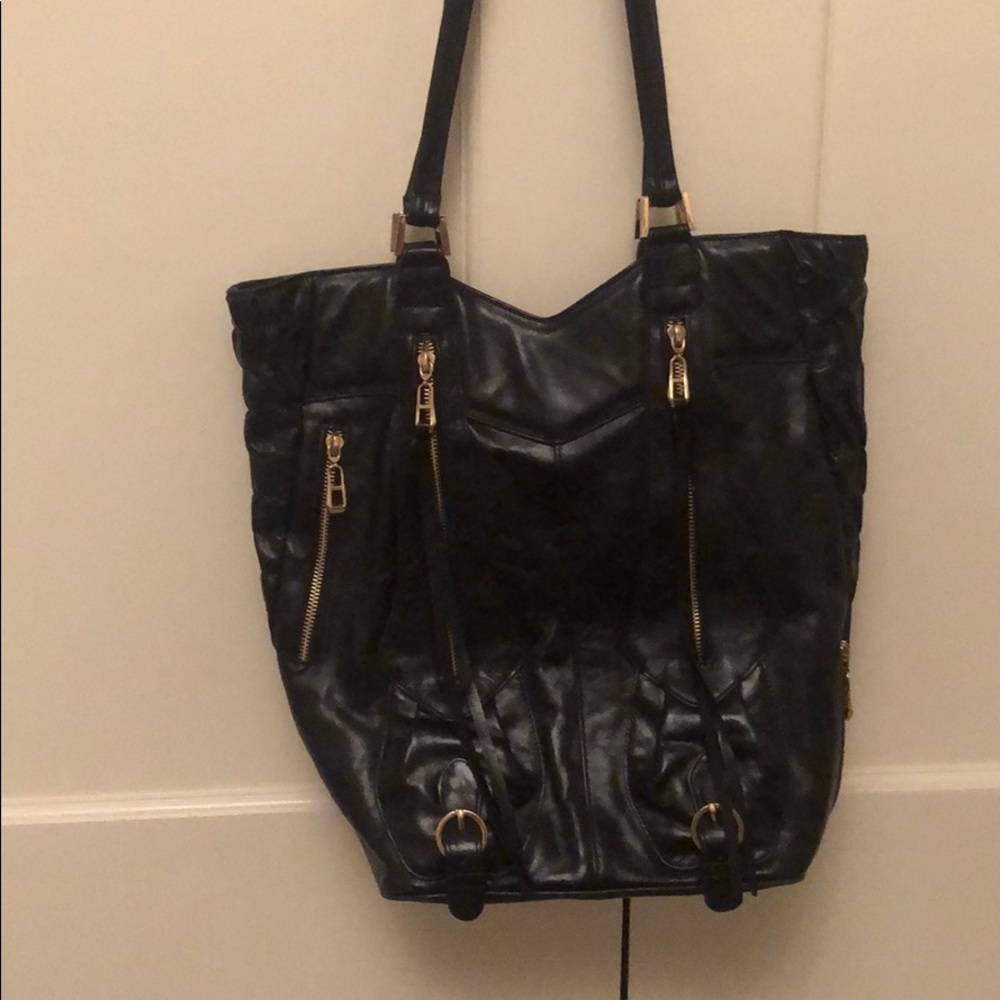 Black work leather tote with zipper details bag